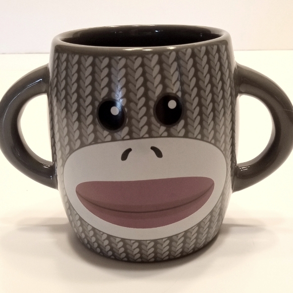 Galerie Double Handle Gray Sock Monkey Ceramic Coffee Mug 16 oz - Picture 1 of 4